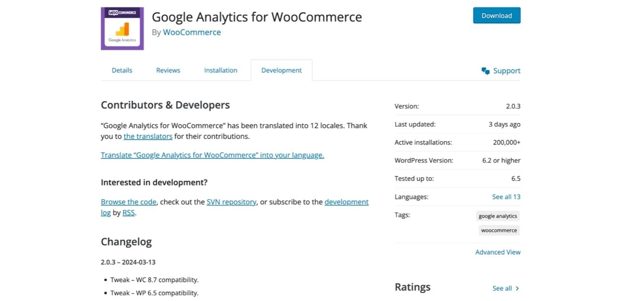 Google Analytics for WooCommerce plugin page with general description and overall specs