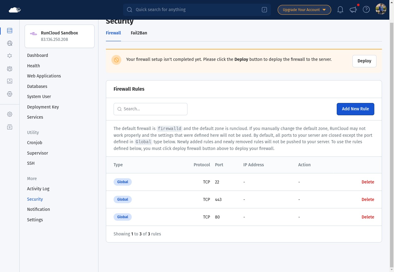 Changing firewall rules on RunCloud