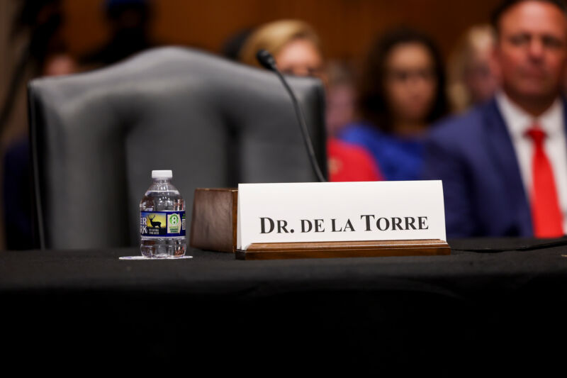 The name placard for Dr. Ralph de la Torre, founder and chief executive officer of Steward Health Care System, in front of an empty seat during a Senate Health, Education, Labor, and Pensions Committee hearing in Washington, DC, on Thursday, September 12, 2024. 