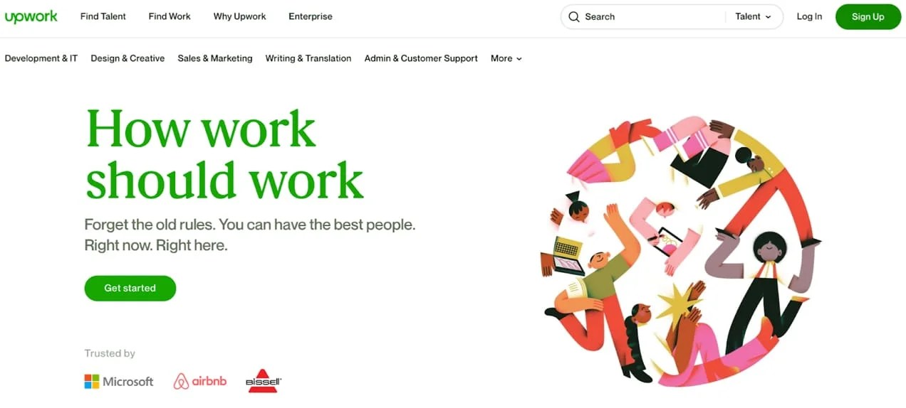 Upwork homepage with vector graphic, title, paragraph, and CTA button.