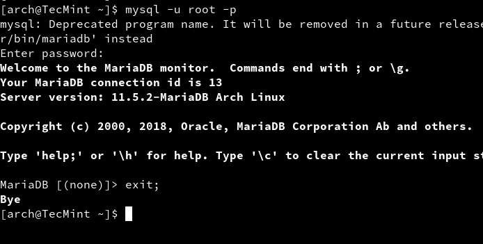 Connect MySQL in Arch Linux