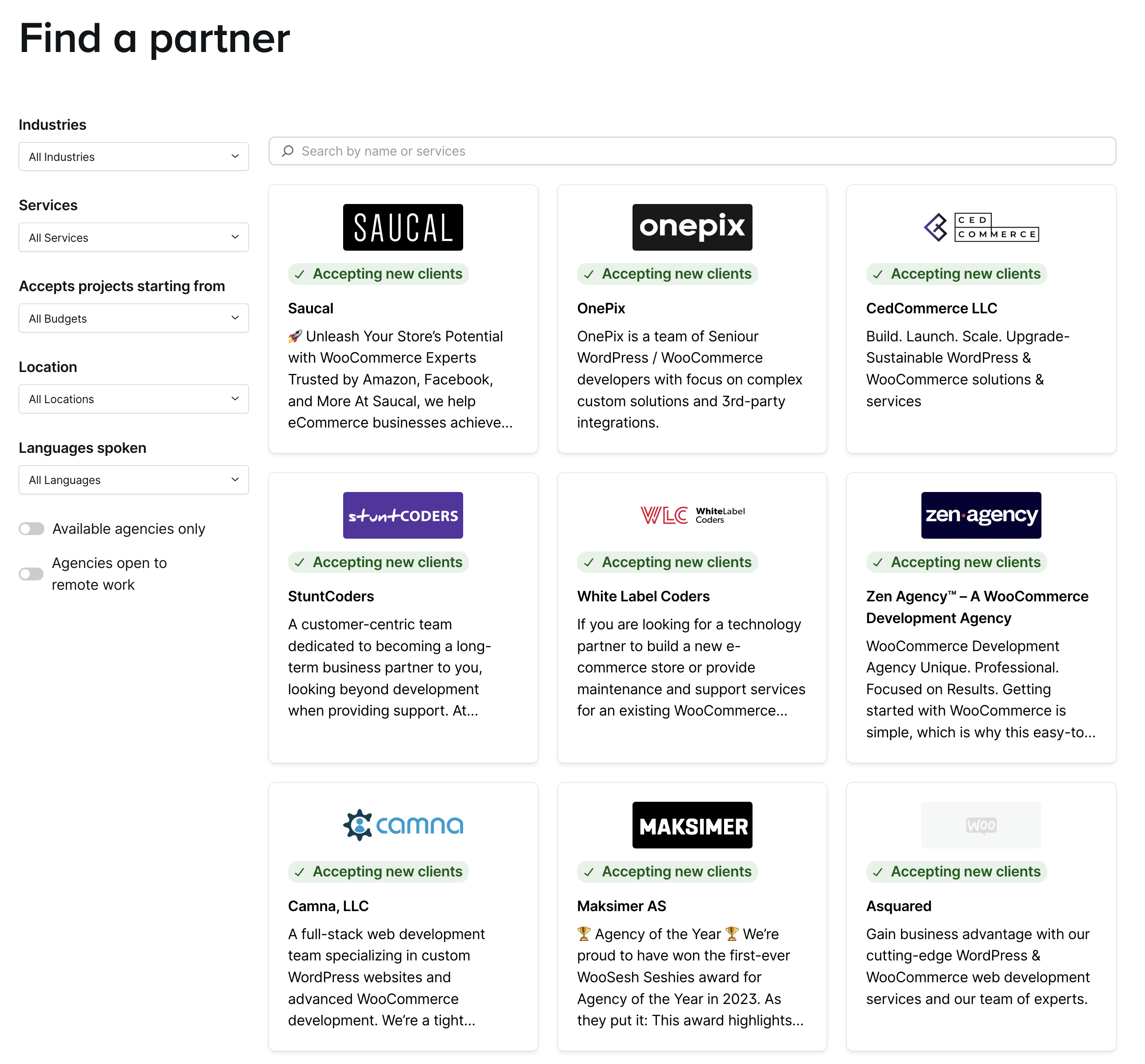 screenshot of the Woo Partner Agency directory