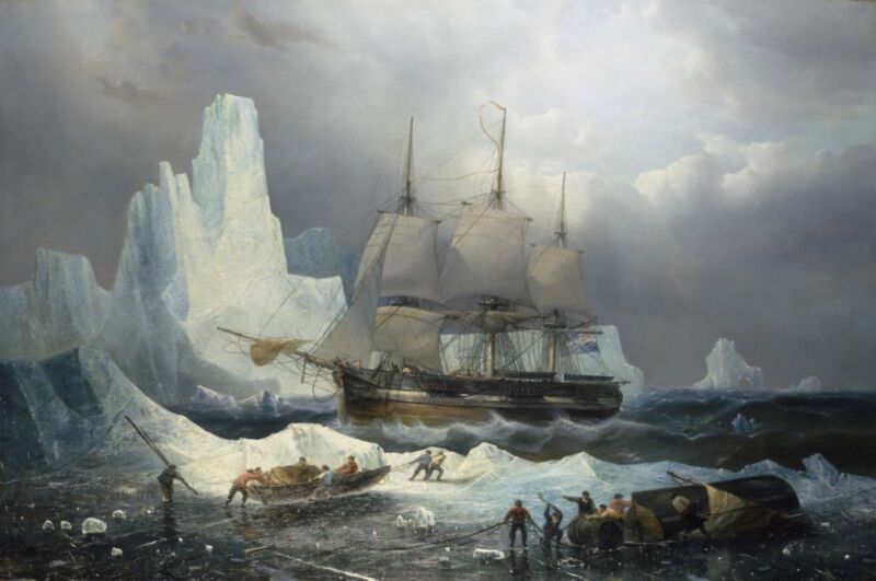 Oil painting by Belgian marine artist François Etienne Musin depicting tje HMS Erebus surrounded by iceberg. In the foreground the ship’s crew are busy moving smaller crafts across the ice.