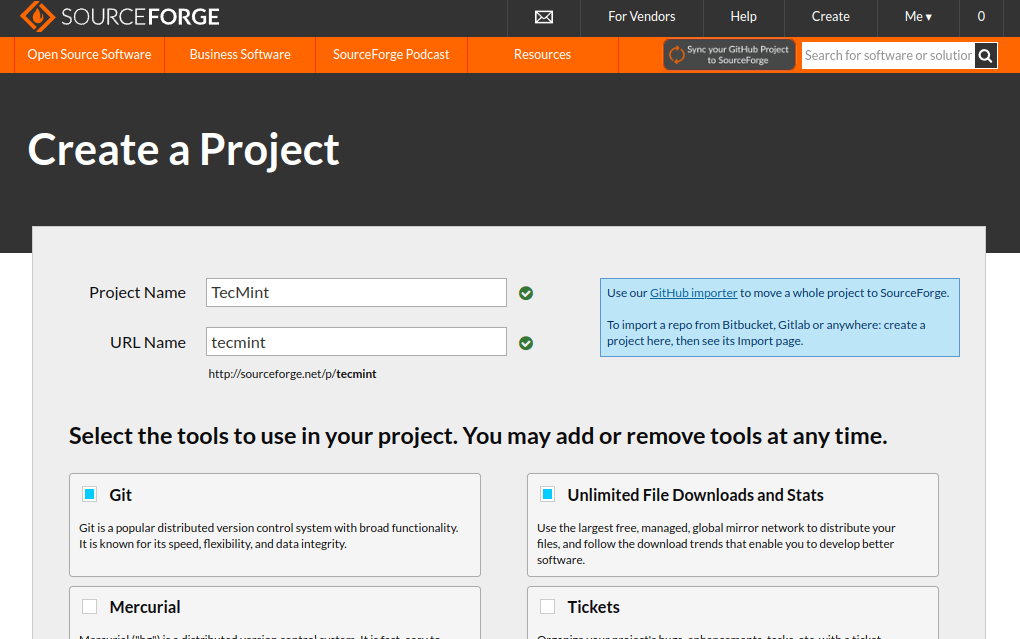 Create Project at SourceForge