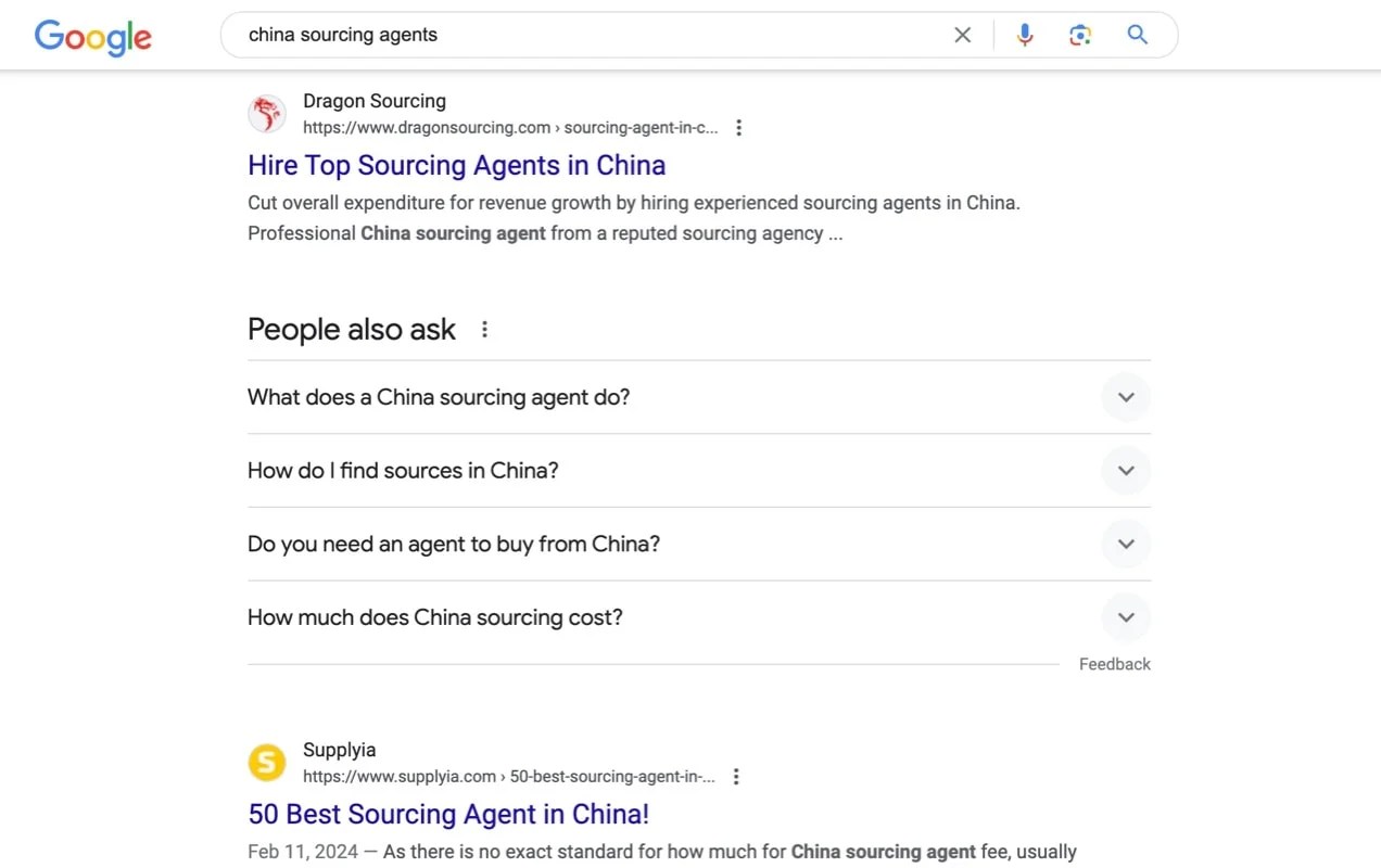 Google search for China sourcing agents