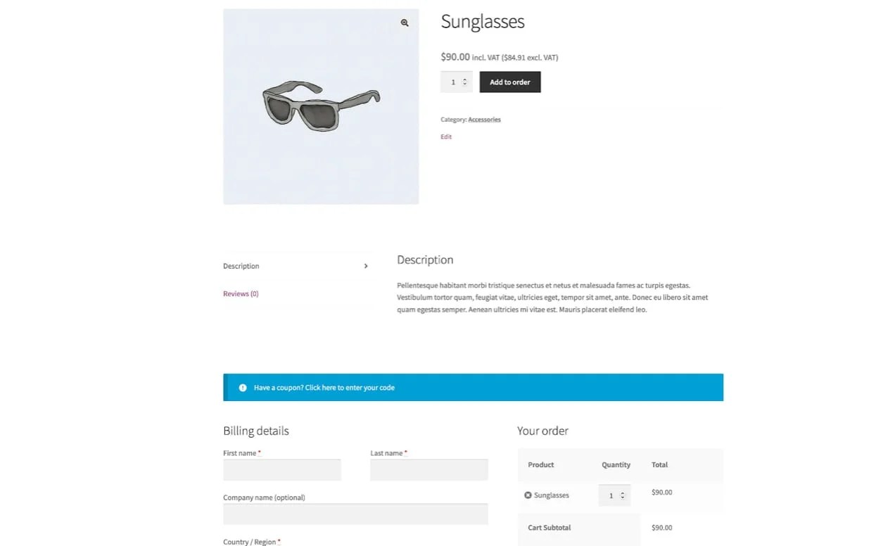 Sunglasses product page with a "have a coupon" call out.