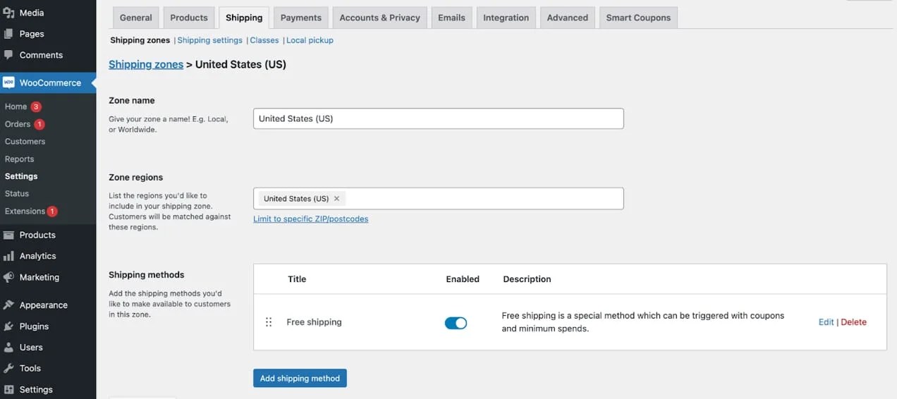 WooCommerce shipping settings in WordPress dashboard.