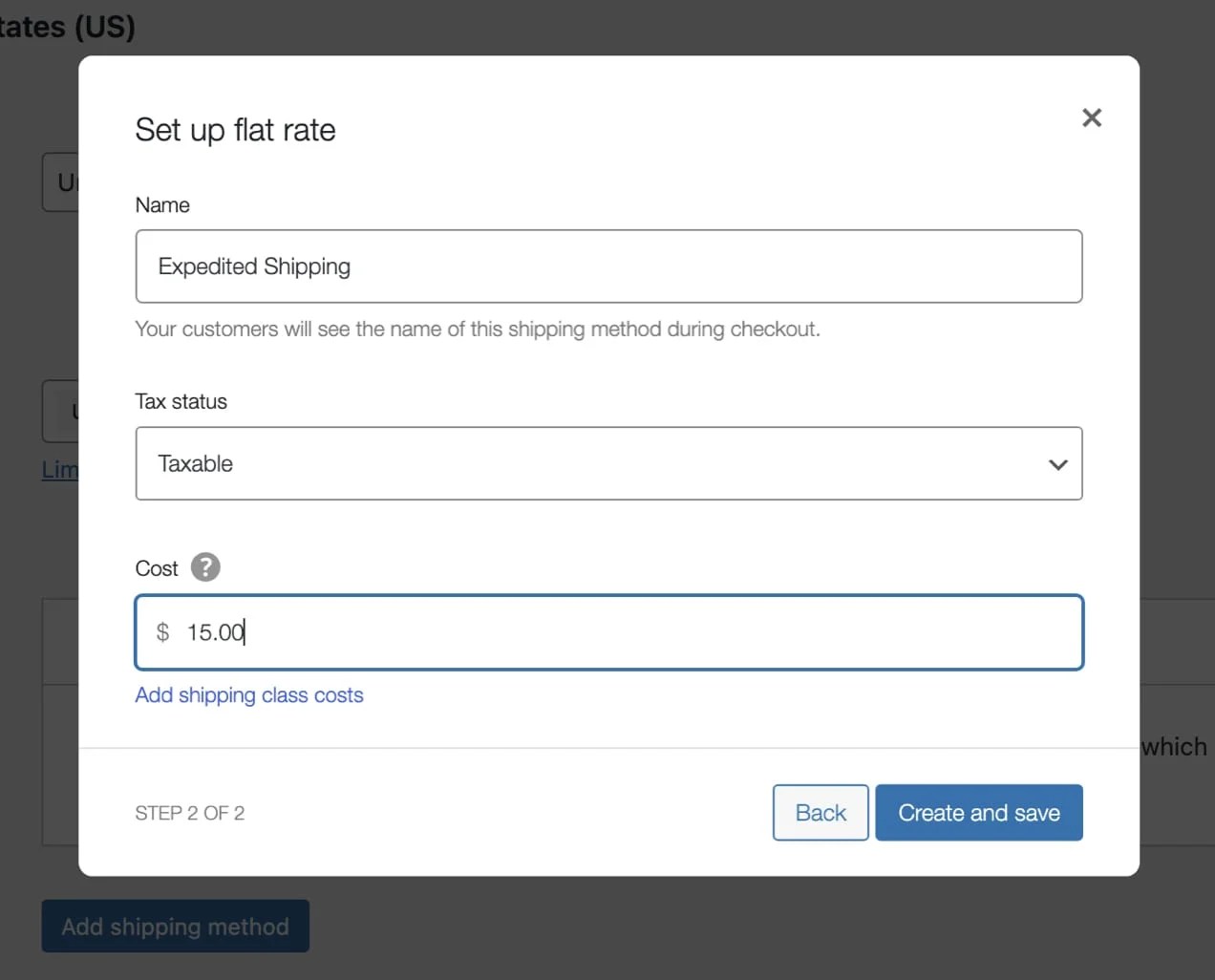 WooCommerce flat rate shipping setup in WordPress backend.