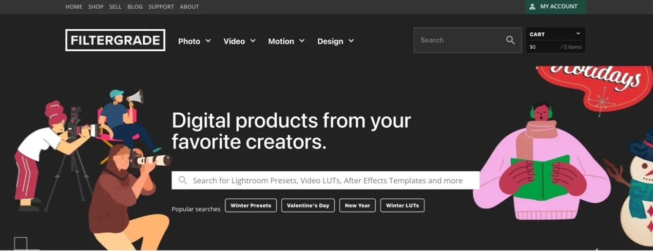 Filtergrade homepage with graphic art and digital product search.