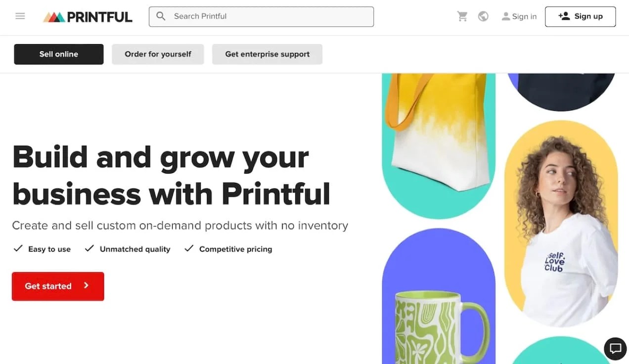 Printful homepage hero with title, paragraph, and 'get started' call to action.