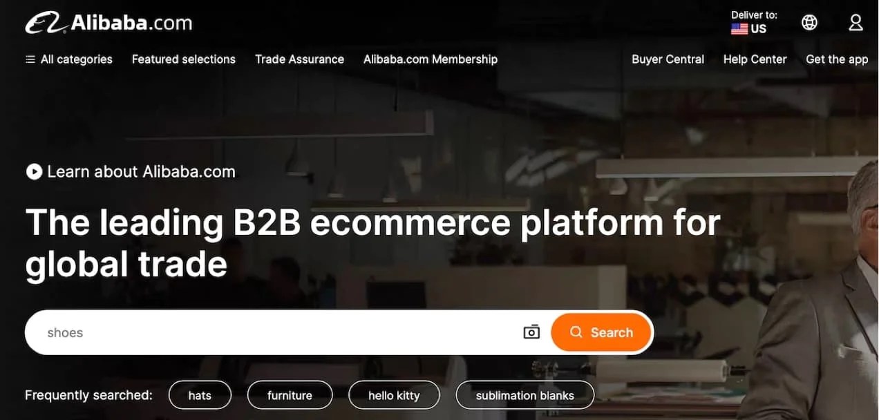 alibaba.com homepage with title and product search field.