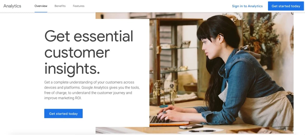 Google Analytics homepage with title, paragraph, image, and 'get started today' button.