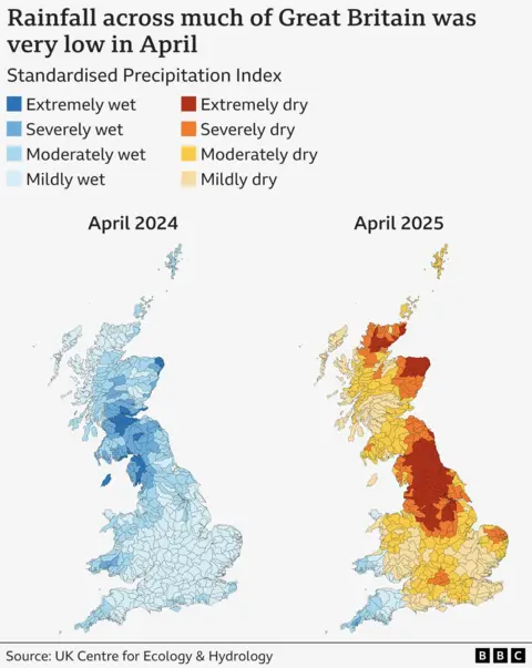 A map comparing rainfall levels in April 2024 and April 2025.