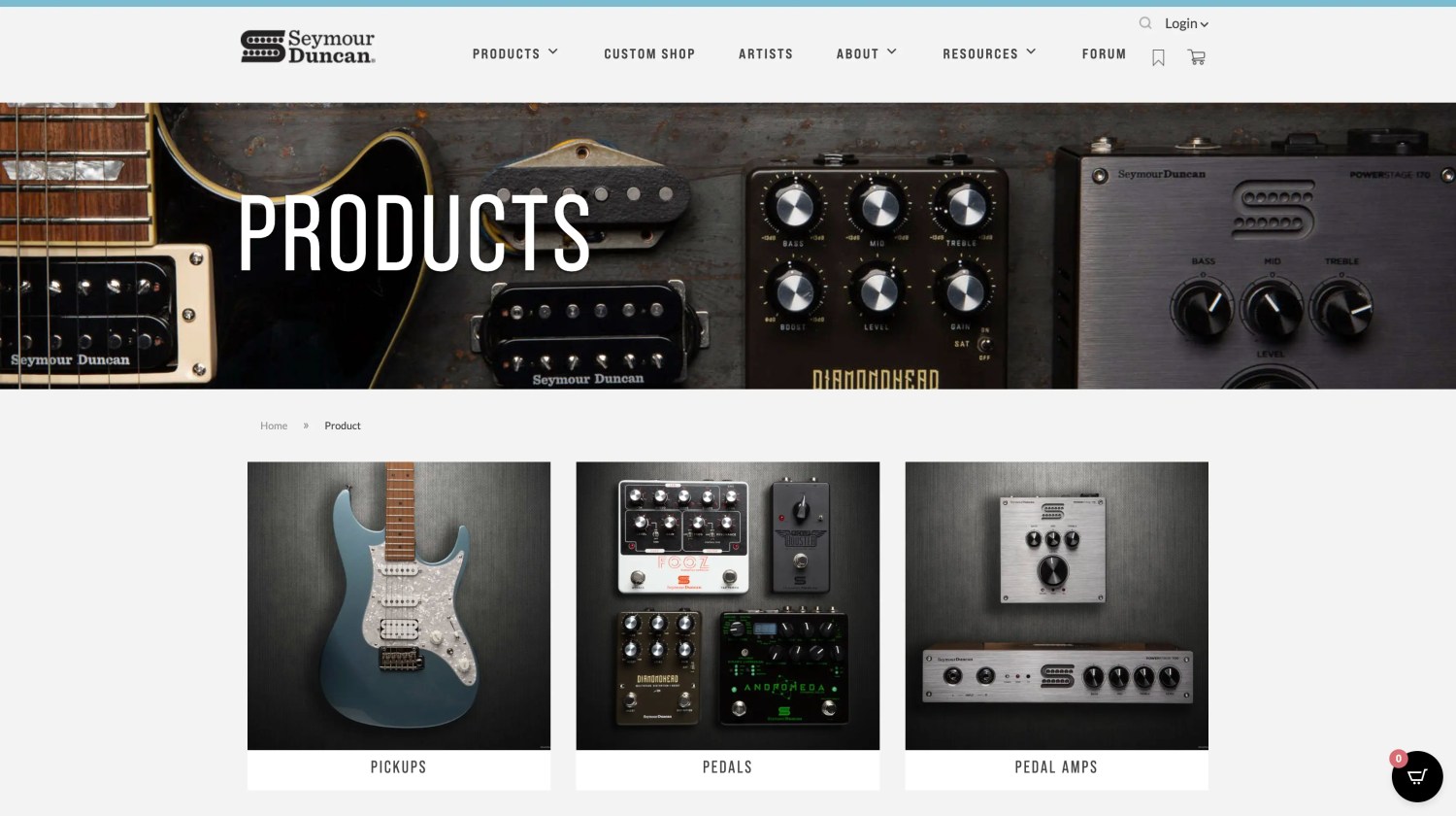 A screenshot of the Seymour Duncan WooCommerce store, which sells guitars and related equipment.