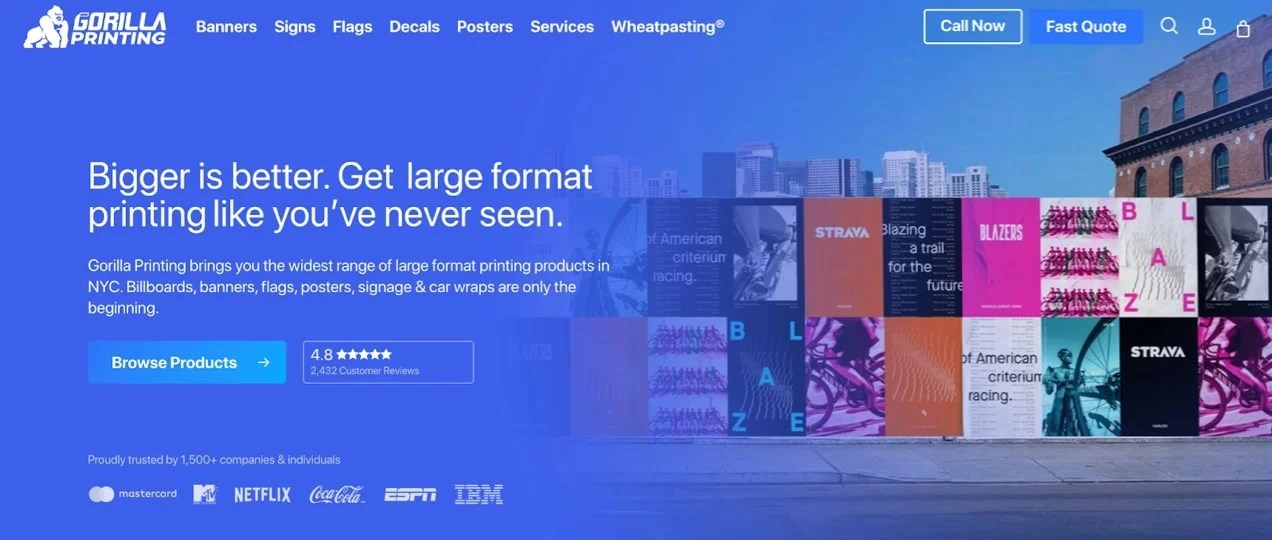 Gorilla Printing homepage with reviews and CTAs