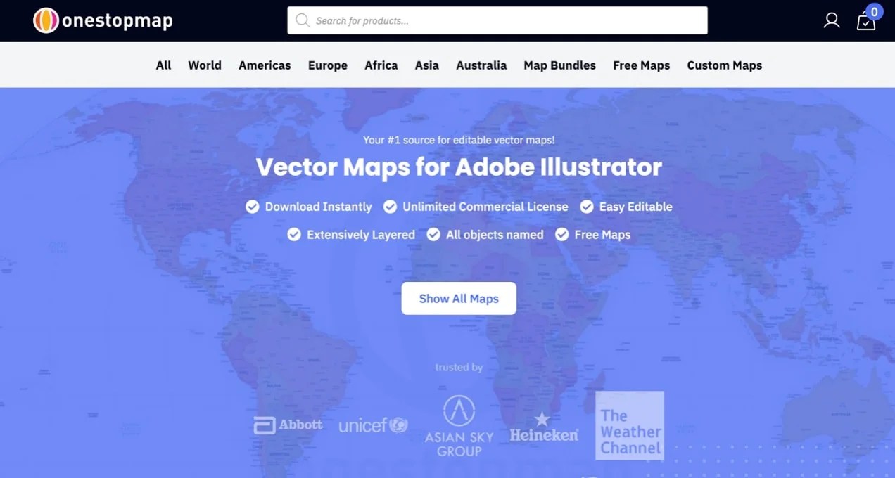 Onestopmap homepage with maps and bullet points about products