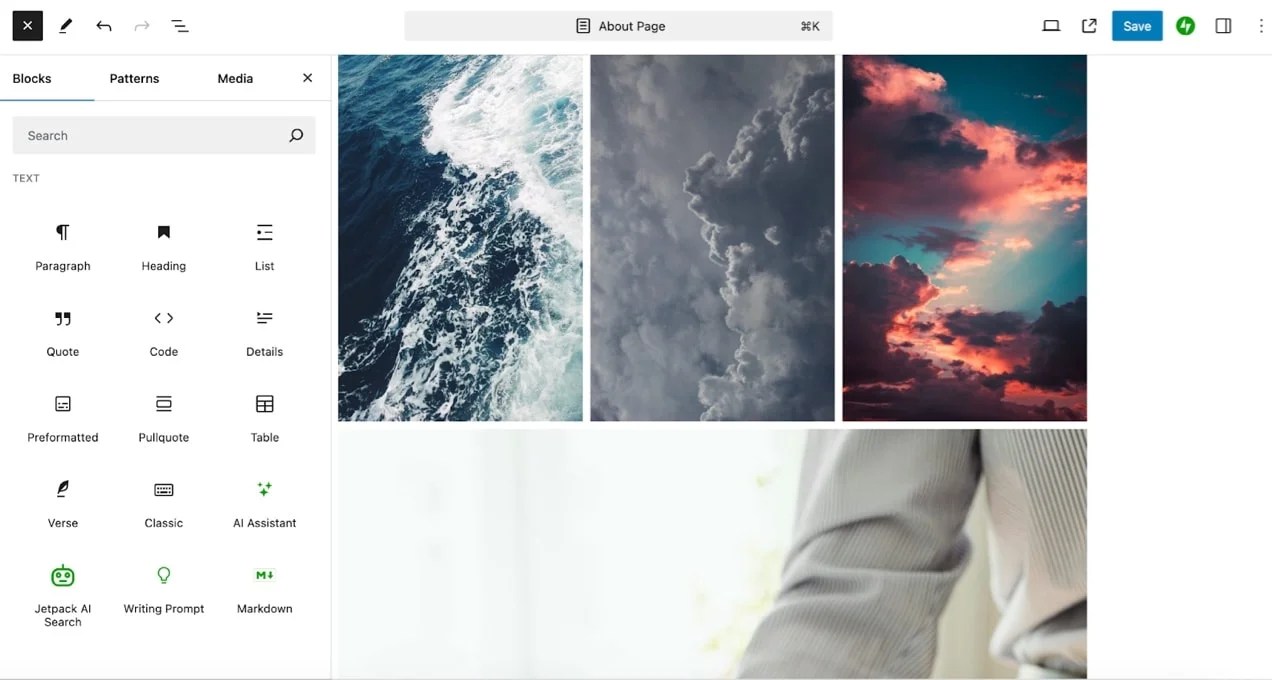 using the block editor to design an About page