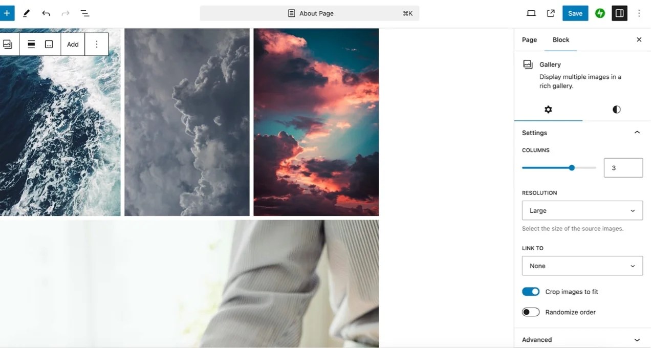 settings for a Gallery block in the block editor