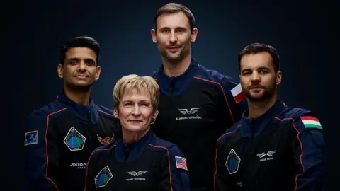 Axiom Space Group Captain Shubhanshu Shukla (left) with former Nasa astronaut Peggy Whitson, Slawosz Uznanski-Wisniewski from Poland and Tibor Kapu from Hungary