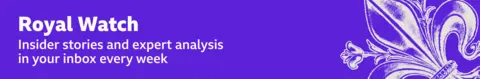 Thin, purple banner promoting the Royal Watch newsletter with text saying, “Insider stories and expert analysis in your inbox every week”. There is also a graphic of a fleur-de-lis in white. 