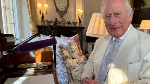 BBC The King with his script for the BBC World Service broadcast