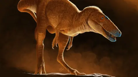 Julius Csotonyi The image shows an artist's impression of the newly discovered dinosaur. It walks on two hindlegs and has an elongated head with sharp teeth. 