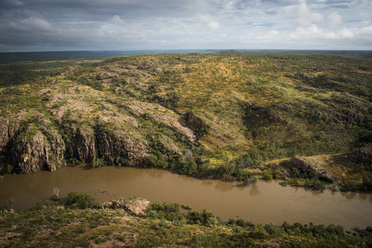 Aerial view of the landscape showing tropical savanna and a waterway