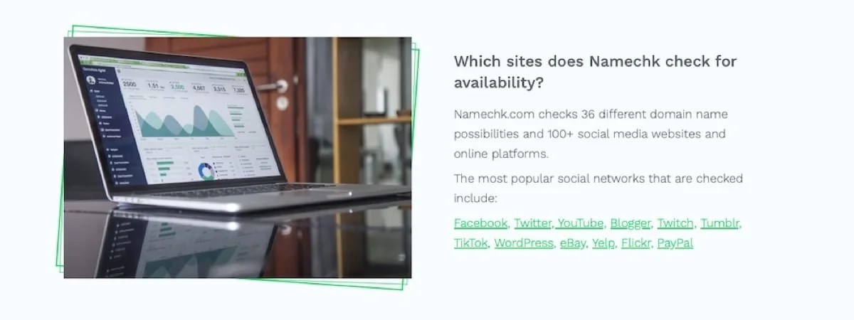 Namechk homepage with information about the toool