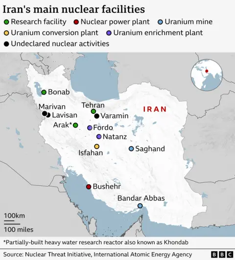 Map showing locations of Iran's main nuclear facilities, including research facilities, power plants uranium mines and enrichment plants