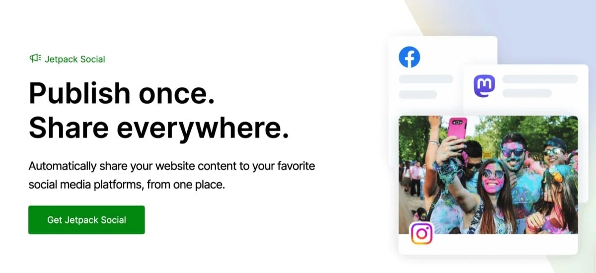 Jetpack Social page with the text "Publish once. Share everywhere"