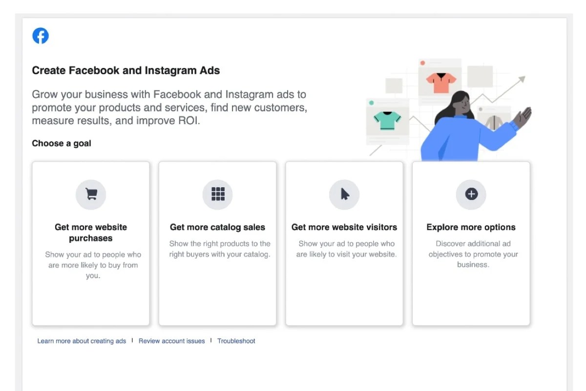 Meta page to create Facebook and Instagram Ads