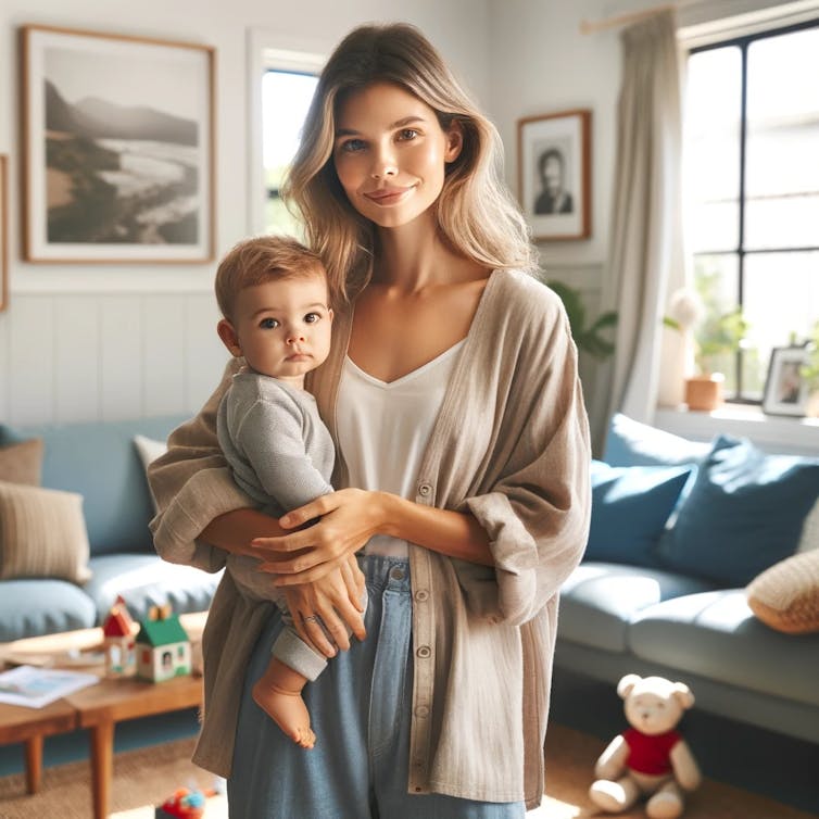 A white woman with eerily large lips stands in a pleasant living room holding a baby boy and wearing a beige cardigan.