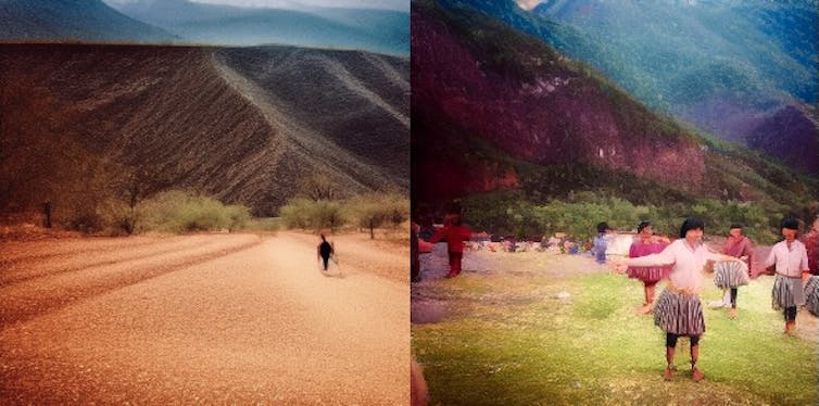 An image of a solitary figure on a path (left) and several people dancing in a field (right).