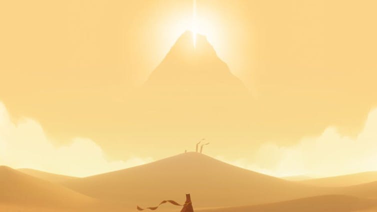 A screenshot from a videogame showing a figure travelling towards a distant mountain.