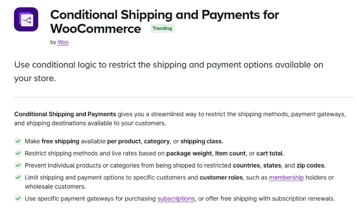 Conditional Shipping and Payments extension page