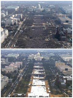 Aerial view of a large crowd in the top image and a much smaller crowd in the bottom image.