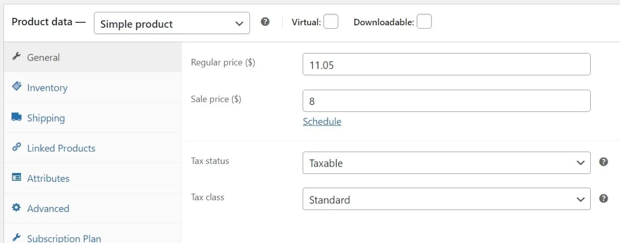 simple product settings with options for regular and sale price