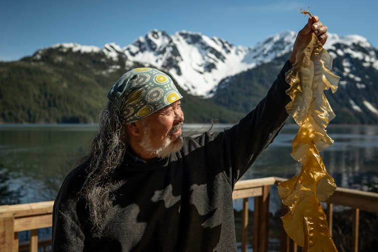 A man holds up a large piece of seaweed, with snow-capped mountains in the background