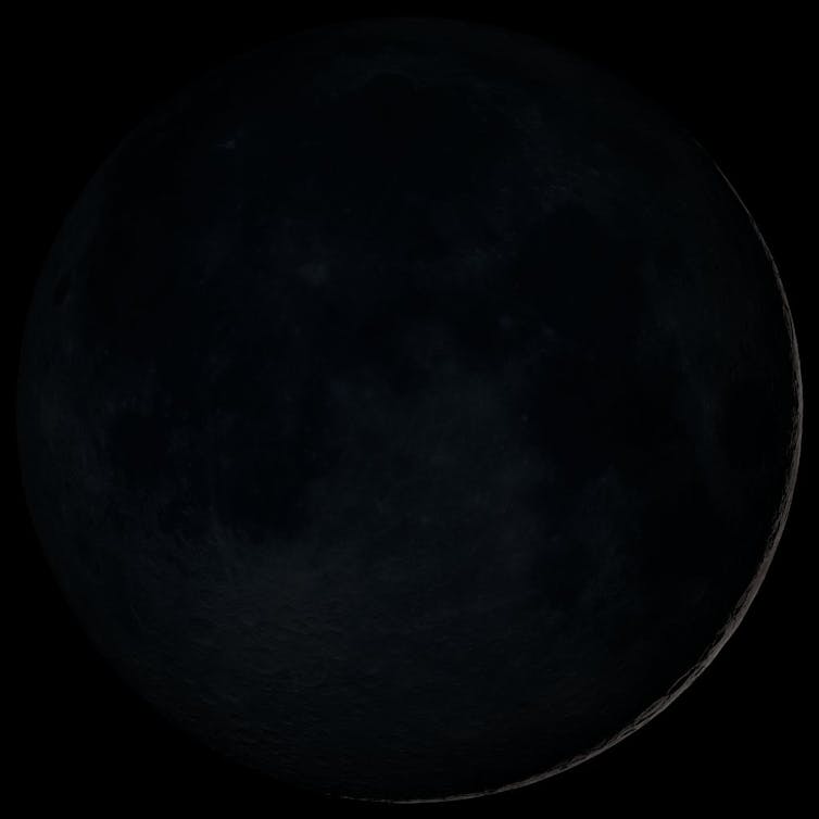 The Moon showing its craters and texture, but very dark, and a slight sliver of light runs along the lower right side of the Moon.
