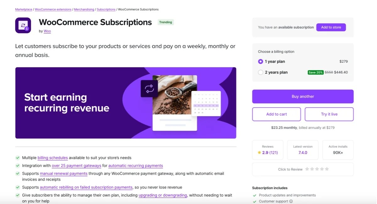 WooCommerce Subscriptions extension page