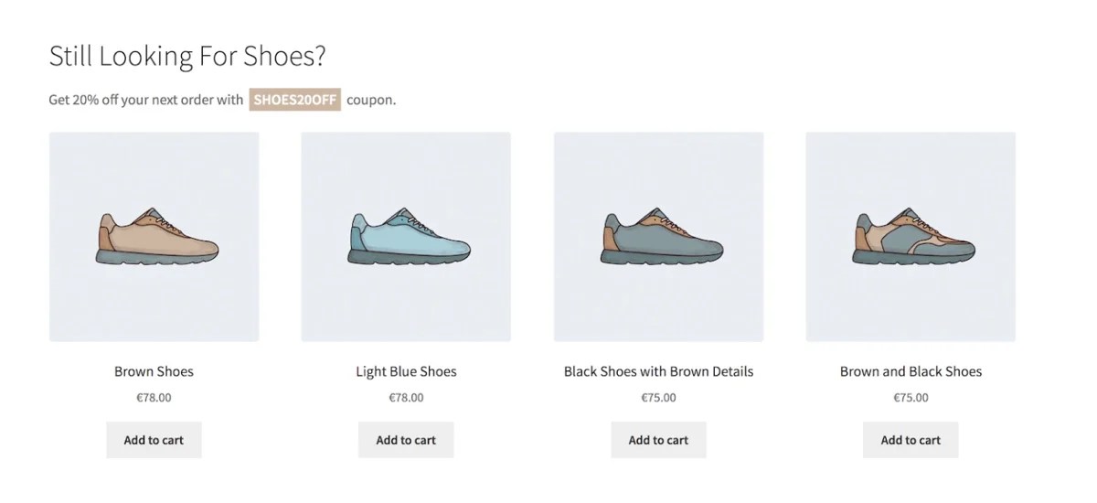 grid of product underneath the headline "Still looking for shoes?"