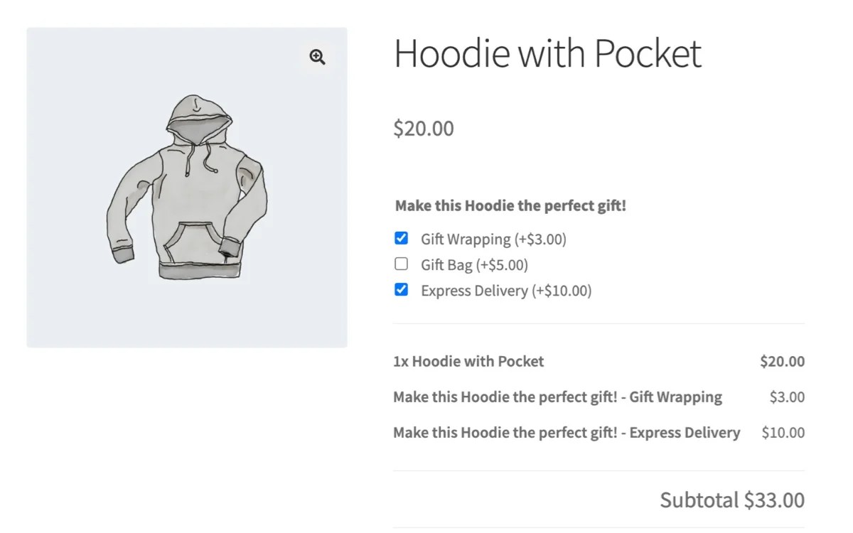 product add-ons extension showing checkboxes for gift wrapping, bags, etc.