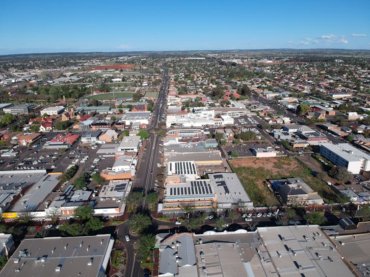 An aerial view of a town centre.