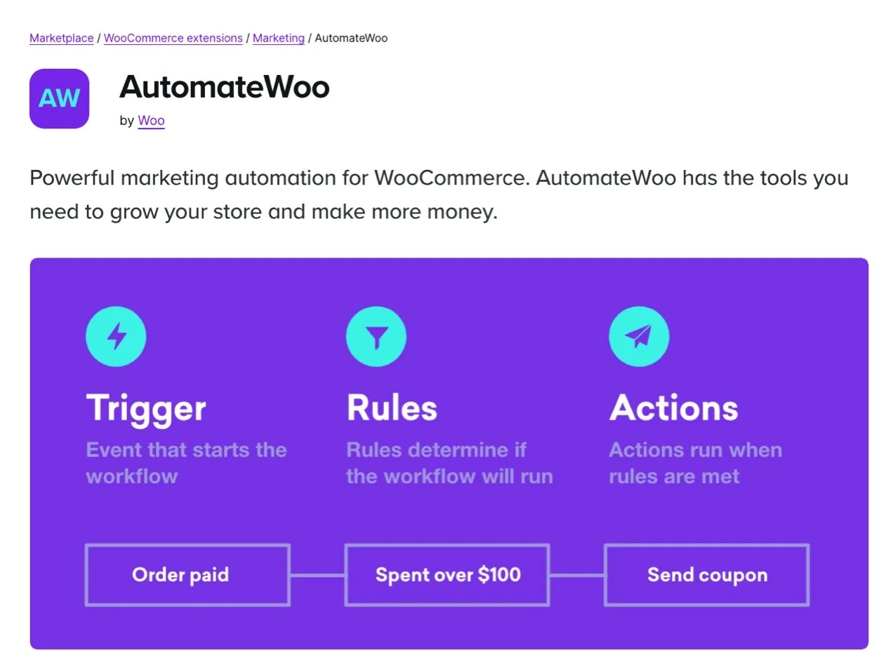 AutomateWoo extension page in the library