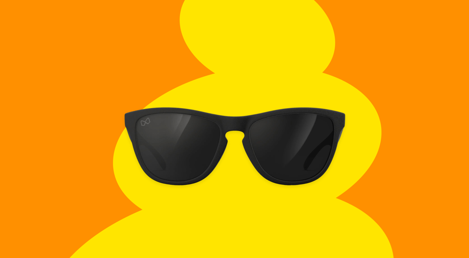 a black pair of sunglasses from Mariener Eyewear on an orange and yellow background