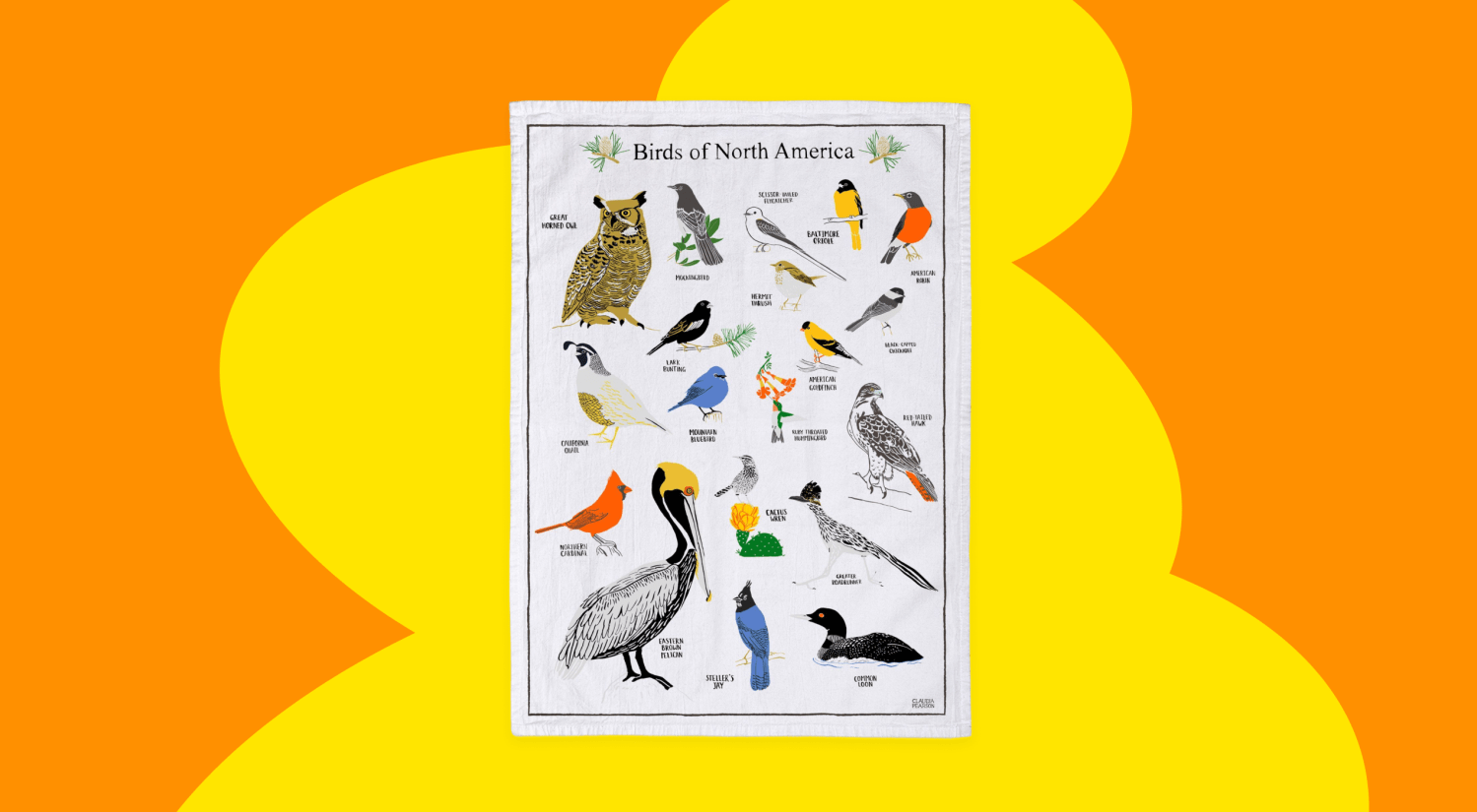 a photo of a tea towel with images and names of various birds in North America on a yellow and orange background