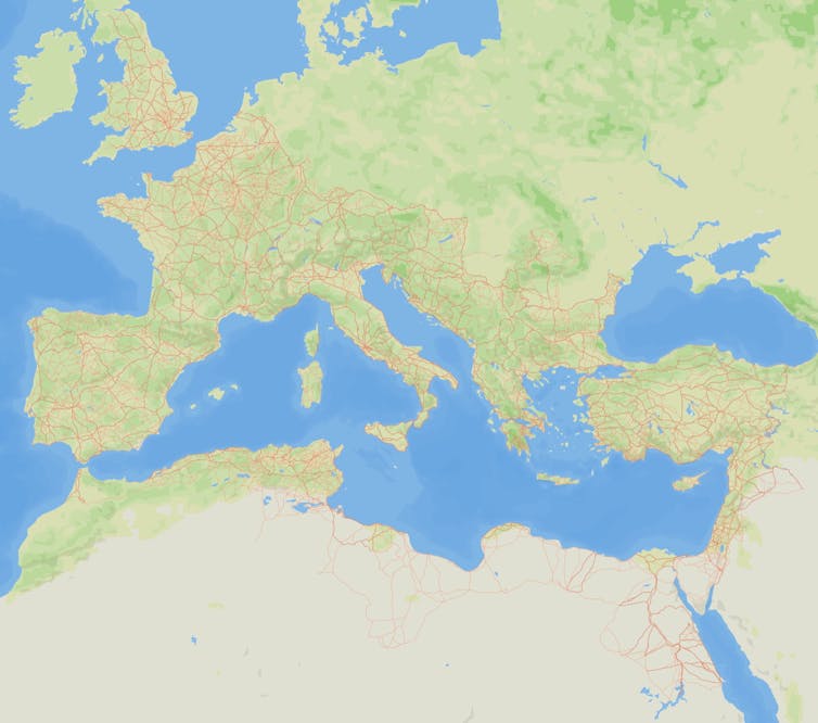 A map of Europe and north Africa showing a huge network of roads.