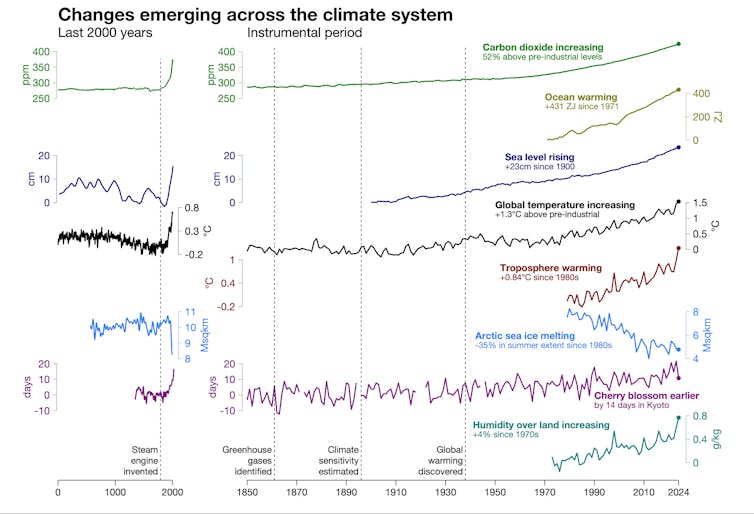 Graphs showing changes in many indicators of Earth's climate including global mean temperature, sea level, sea ice and even plant behaviour.