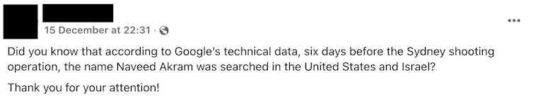 A Facebook post containing misinformation about the Bondi attacks.