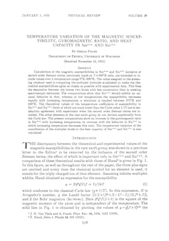 Front page of a paper titled'Temperature Variation of the Magnetic Susceptibility, Gyromagnetic Ratio, and Heat Capacity in Sm+++ and Eu+++' by Amelia Frank